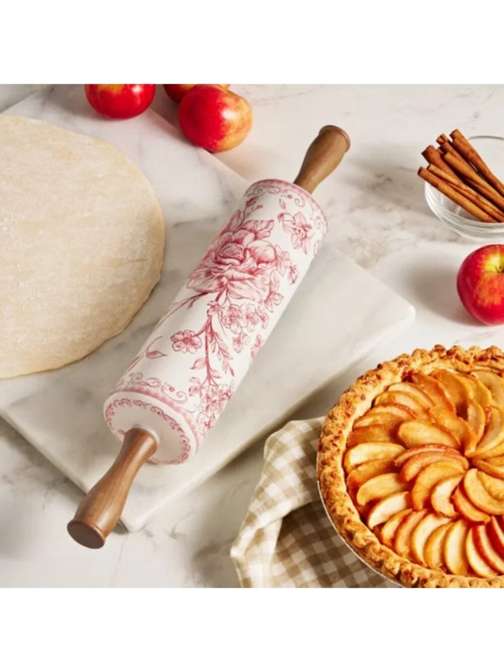 The Pioneer Woman Red Wood Handles Floral Design Agatha Ceramic Rolling Pin